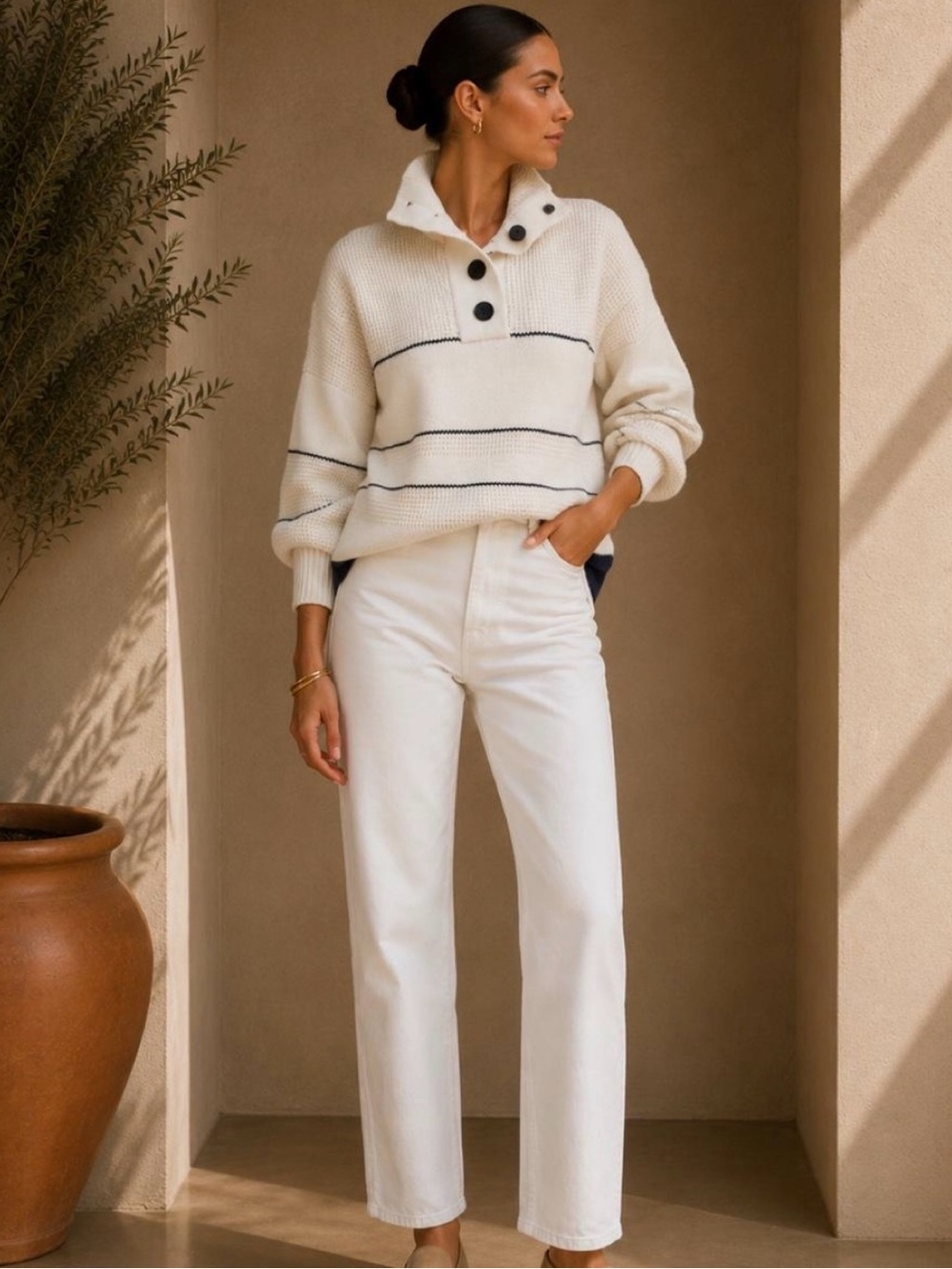 Commense Cream Turtleneck Pullover with Navy Trim and Button Placket